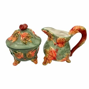 WCL Green Fall Leaves Creamer & Sugar Bowl Set w/Lid MI China - Picture 1 of 7