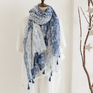 Womens White Blue Geometric Floral Yarn Scarf Tassel Shawl Spring Pashmina Cape - Picture 1 of 10