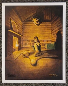 Signed Keith WEESNER poster print vtg Log CABIN Pin-Up Bear Skin Rug gga camping - Picture 1 of 5