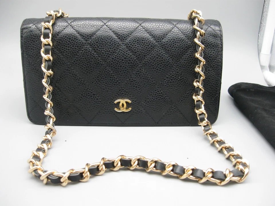 DEFECTUOSO Chanel Bolso Largo Cuero Caviar Negro Cartera G3D Foto 1 de 4