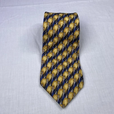 Corbata de cuello vintage Barrington dorado y azul con patrón geométrico para hombre hecha en EE. UU. seda #S1 Foto 1 de 4