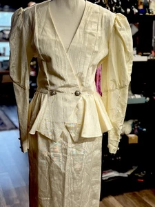 Set tuta vintage anni 80 Karen Lucas Niki avorio manica a sbuffo gonna peplo M USA - Foto 1 di 10