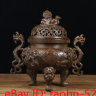 8.2&quot;Old Chinese pure coppe exquisite Handmade dragon ear lion Lid animal censer
