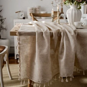 Linen Tablecloth Tassel Rectangle Table Cover Cloth Retro Washable Home Decor - Picture 1 of 12