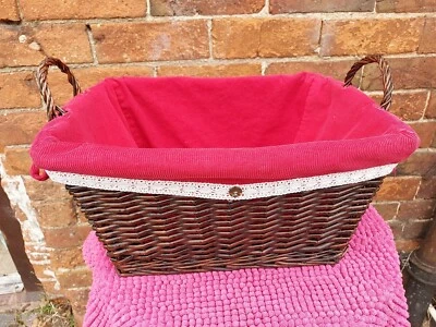Dark Wicker Basket With Red Liner Wooden Ideal Toys, Storage etc - Image 1 of 4