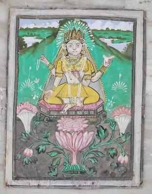 Antique Collectible Hand Painted Early Miniature Paper Painting Goddess Laxmi - Image 1 of 3