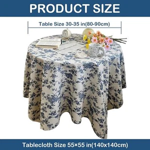 Vintage Cotton Linen Round Tablecloth, Blue White Floral Pastoral Table Cover, - Picture 1 of 7