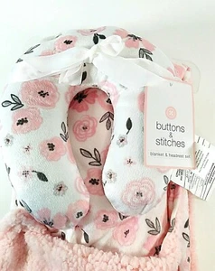Coperta bambino bottoni e punti coccole rosa grigio bianco fiori poggiatesta sherpa  - Foto 1 di 3