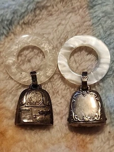 TWO Webster Birth Record Baby Rattle Bell Teething Ring MOP Sterling Blank Vtg - Picture 1 of 6