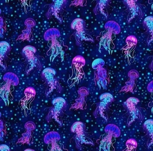 Timeless Treasures Electric Ocean Colorful Jellyfish Cotton Fabric by the Yard - Picture 1 of 3