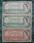 3 Canadian Banknotes, Bank of Canada $1 & $2 Notes, 1954 & 1967, 3 Notes