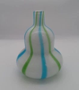 Vintage Kürbis geformte mundgeblasene Glasvase blau grün gestreift 7" gefasstes Glas - Bild 1 von 3