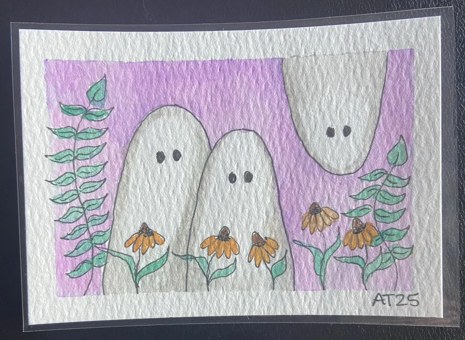 Ghosts with Floral ACEO Original Watercolor and Ink Art Card - Image 1 of 1