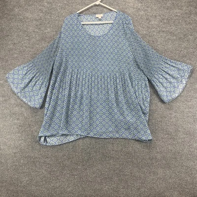 Camisa J Jill Mujer 2X Azul Top Blusa Manga Campana Plisada Floral Túnica Damas Foto 1 de 4