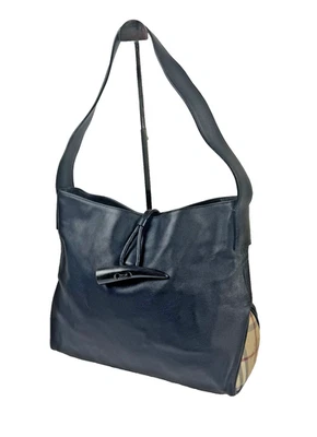 Burberry Tote Shoulder Bag Black Leather Iconic Haymarket Check Horn Toggle - Image 1 of 4