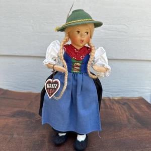 Vintage Baitz Tirol pfeifendes Mädchen Puppe 9 Zoll mit Hängeetikett grüner Hut Made in Austria - Bild 1 von 12
