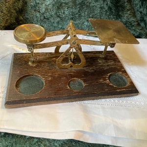Antique Vintage English Postal Scale Weights Brass & Wood - Picture 1 of 6