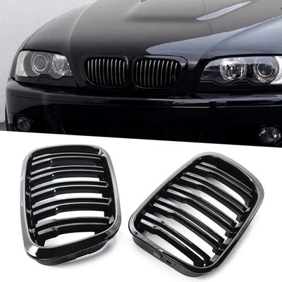 US Pair Gloss Front Twin Bar Grille Grills For BMW 3 Series E46 1999-2001 4 Door Foto 1 de 4