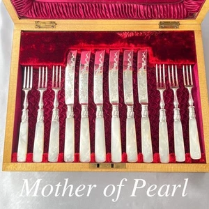 [UK] [White Mother of Pearl] Dessert Set 12 Knives/Forks in Decorative Wooden Ca - Picture 1 of 20