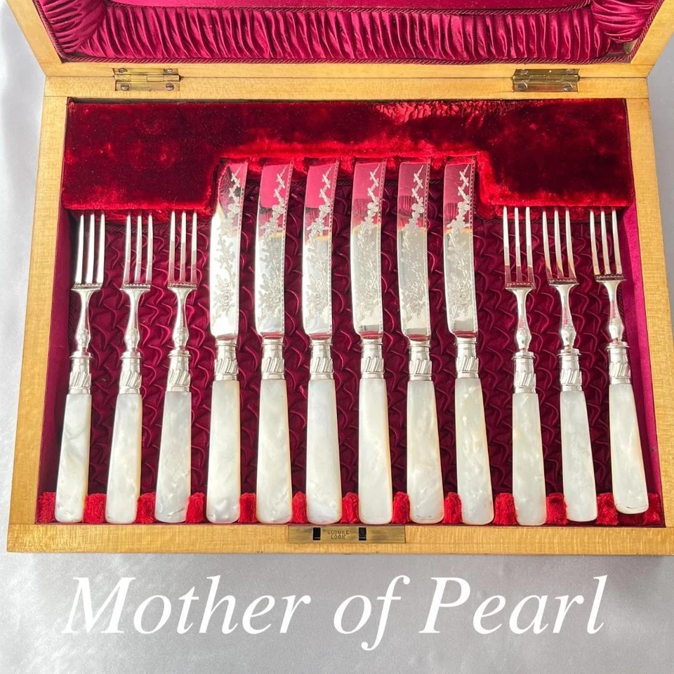 [UK] [White Mother of Pearl] Dessert Set 12 Knives/Forks in Decorative Wooden Ca - Image 1 of 4