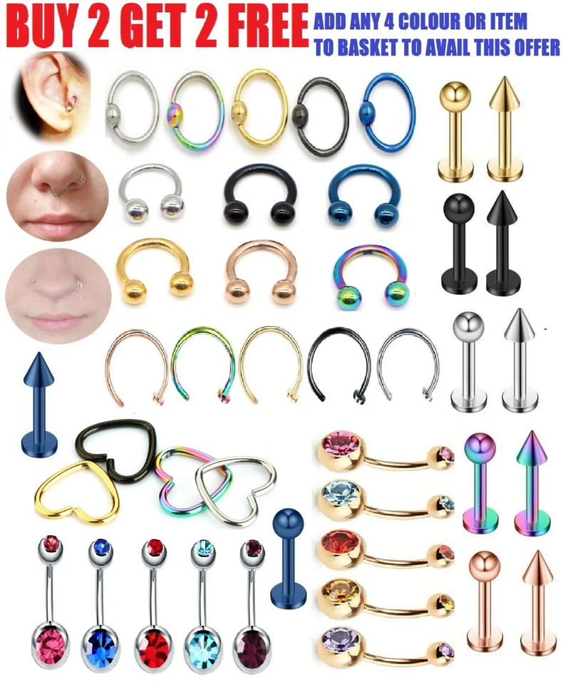 Surgical Steel Nose Ring Heart Ring Belly Bar Horseshoe Ring Bar Ball Closure UK - Image 1 of 1
