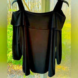 Susan Graver NWOT 2X Black “Liquid Knit” cold shoulder blouse 3/4 sleeve, dressy - Picture 1 of 8