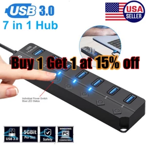 7 Port USB 3.0 Hub Splitter Adapter On/Off Switch High Speed For PC Laptop Mac - Picture 1 of 13