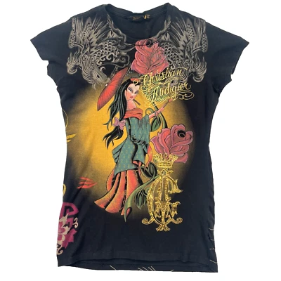 Christian Audigier Shirt Womens Large Black Rhinestone Embellished Bedazzled Y2K - Image 1 of 4