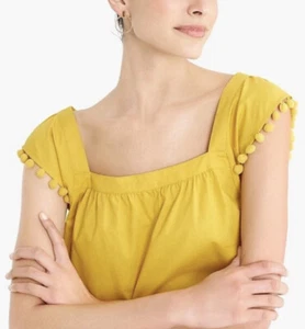 J. Crew Square Neck Pom Pom Cotton Poplin Blouse Top Size 0 Mustard Yellow - Picture 1 of 10