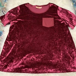 EVRI Women's Plus Size 2X Crushed Velvet Top Velour Short Sleeve Maroon Red - Picture 1 of 7