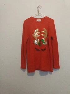 Suéter tejido Poof New York para mujer feo Navidad rojo dorado lentejuelas talla M - Imagen 1 de 6