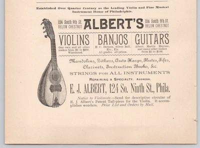 1890 E J Albert Violines Banjos Guitarras Mandolinas Flautas Philadelphia PA Anuncio impreso Foto 1 de 2