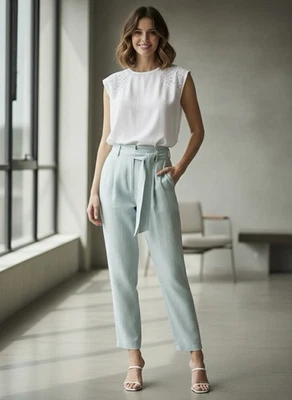 REISS Mylie Belted Tapered Leg Trousers Pants Siz 8 High Rise Mint Green Pleated - Image 1 of 4
