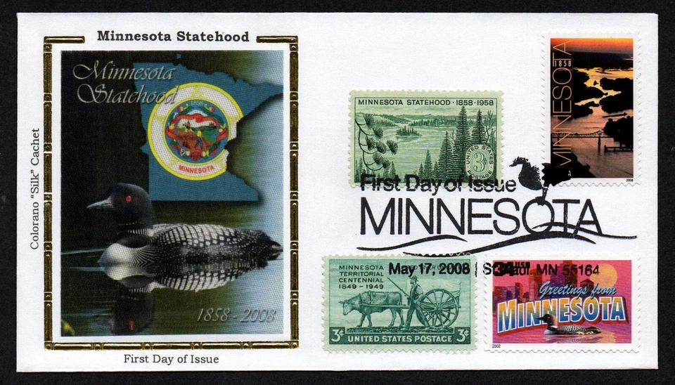 USA, SCOTT # 981 & 4266, COMBO COLORANO SILK FDC COVER 2008 MINNESOTA STATEHOOD - Image 1 of 1