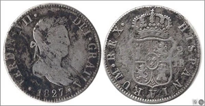 España - Fernando VII 2 Reales 1827 JB Sevilla Ag. BC / F 1035 - Bild 1 von 1