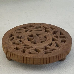 Vintage Boho handgeschnitzt Holz Untersetzer Pflanzenständer Erhöhung Wandkunst Dekor Floral Indien - Bild 1 von 8