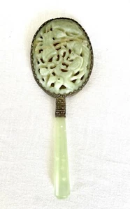 ANTIQUE CARVED CHINESE NEPHRITE JADE HAND MIRROR - Picture 1 of 13