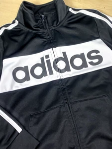adidas Track Jacket Kids Boy Black Size 6 Logo Full Zip Striped Sleeve Pockets - Picture 1 of 5