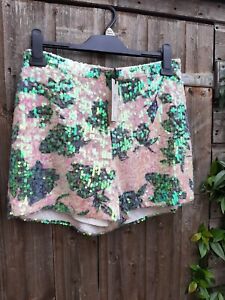 NWT River Island Pink Green Iridescent Sequin Floral Shorts 10 / 12 £40