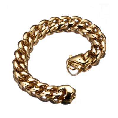 Brazalete Brazalete Cadena Bordillo 8.66" 15mm Pesado Para Hombre Tono Oro 18K Foto 1 de 4