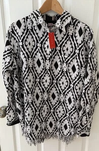 Tizzie Coastal Shirt Women XL Black White Button Up Fringe Ikat Linen Roll Tab - Picture 1 of 12