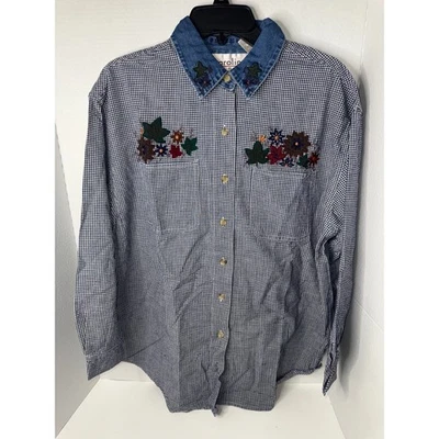 Camisa de manga larga con cuello vaquero bordado de guinga para mujer grande floral Foto 1 de 3