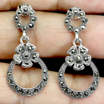 Pendientes redondos de plata de ley 925 con piedras preciosas naturales de marcasita Foto 1 de 4