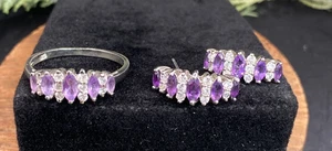 Vintage sterling amethyst marquise & diamonique earrings and ring sz 10 - signed - Picture 1 of 11
