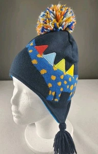 Dinosaur Winter Hat Beanie Size S Navy with Pom Pom & Long Sides Fleece-lined  - Picture 1 of 10