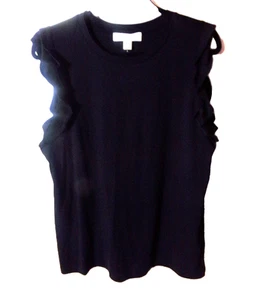 NWT MICHAEL KORS SZ.M, BLACK COTTON-MODAL RUFFLE CAP SLEEVE TUNIC TOP - Picture 1 of 7