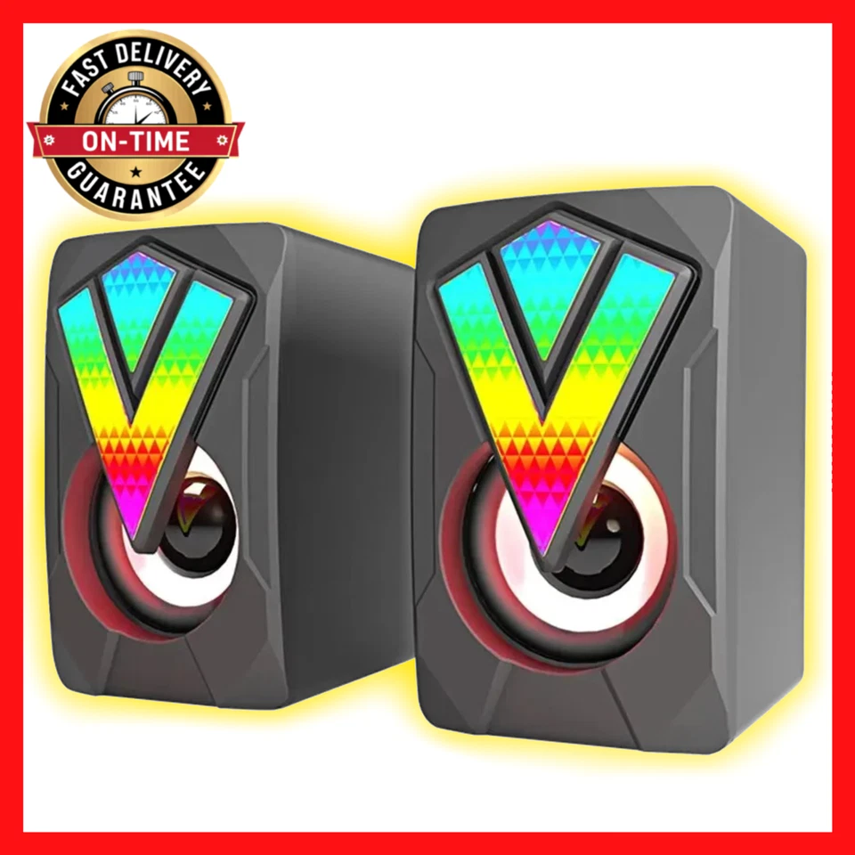 2PCS Computer Speakers PC Sound Box HIFI Stereo Microphone USB Wired LED Light - Image 1 of 4