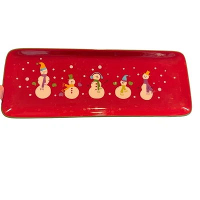 Pier 1 ceramic Christmas tray platter red festive holiday snowmen 18.5 x 7 - Image 1 of 4