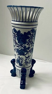 Chinoiserie Footed Porcelain Vase Cobalt Blue White Floral Reticulated Rim 14"H - image 1 of 4
