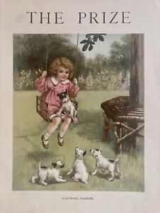 Antique C19th Print - The Prize Magazine, Puppies, Dogs, Children, c.1895